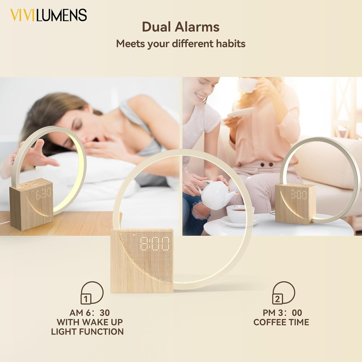 Vivilumens Sunrise Alarm Clock for Heavy Sleepers Adults, Wake-up Light, Sleep Aid 10 White Noise Sound Machines with 30/60/90 Timer, 3 Level Dimmable Touch Table Lamp with Snooze USB Charger Port