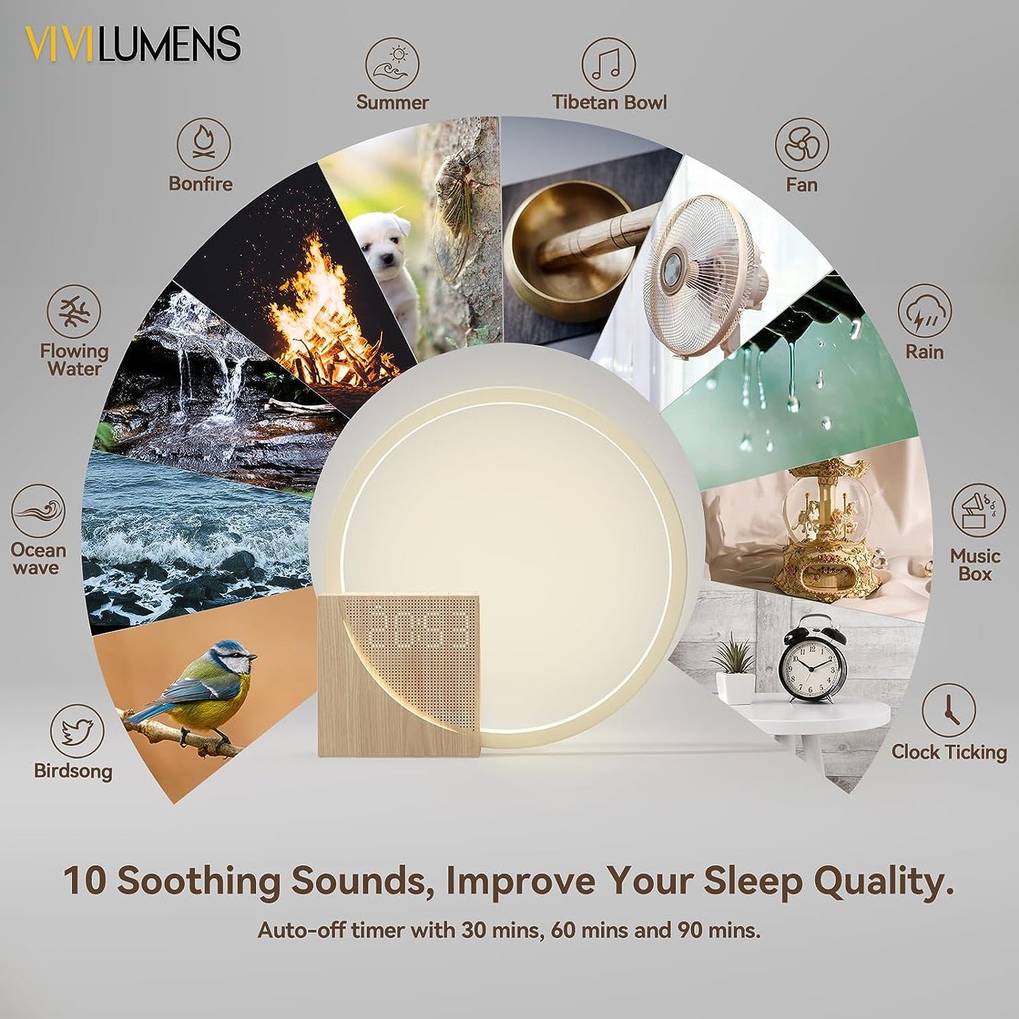 Vivilumens Sunrise Alarm Clock for Heavy Sleepers Adults, Wake-up Light, Sleep Aid 10 White Noise Sound Machines with 30/60/90 Timer, 3 Level Dimmable Touch Table Lamp with Snooze USB Charger Port